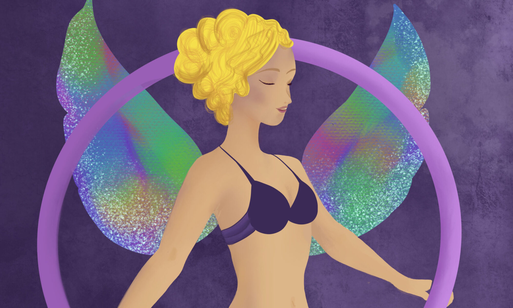 procreate painting of hula hoop dancer dressed as fairy with iridescent wings and lavender hula hoop